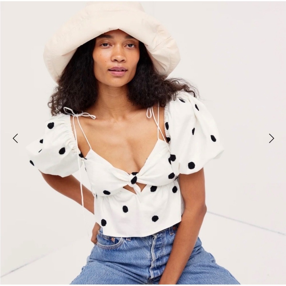 For Love & Lemons Abigail White Black Polka Dot Puff Sleeve Crop Top Linen Large